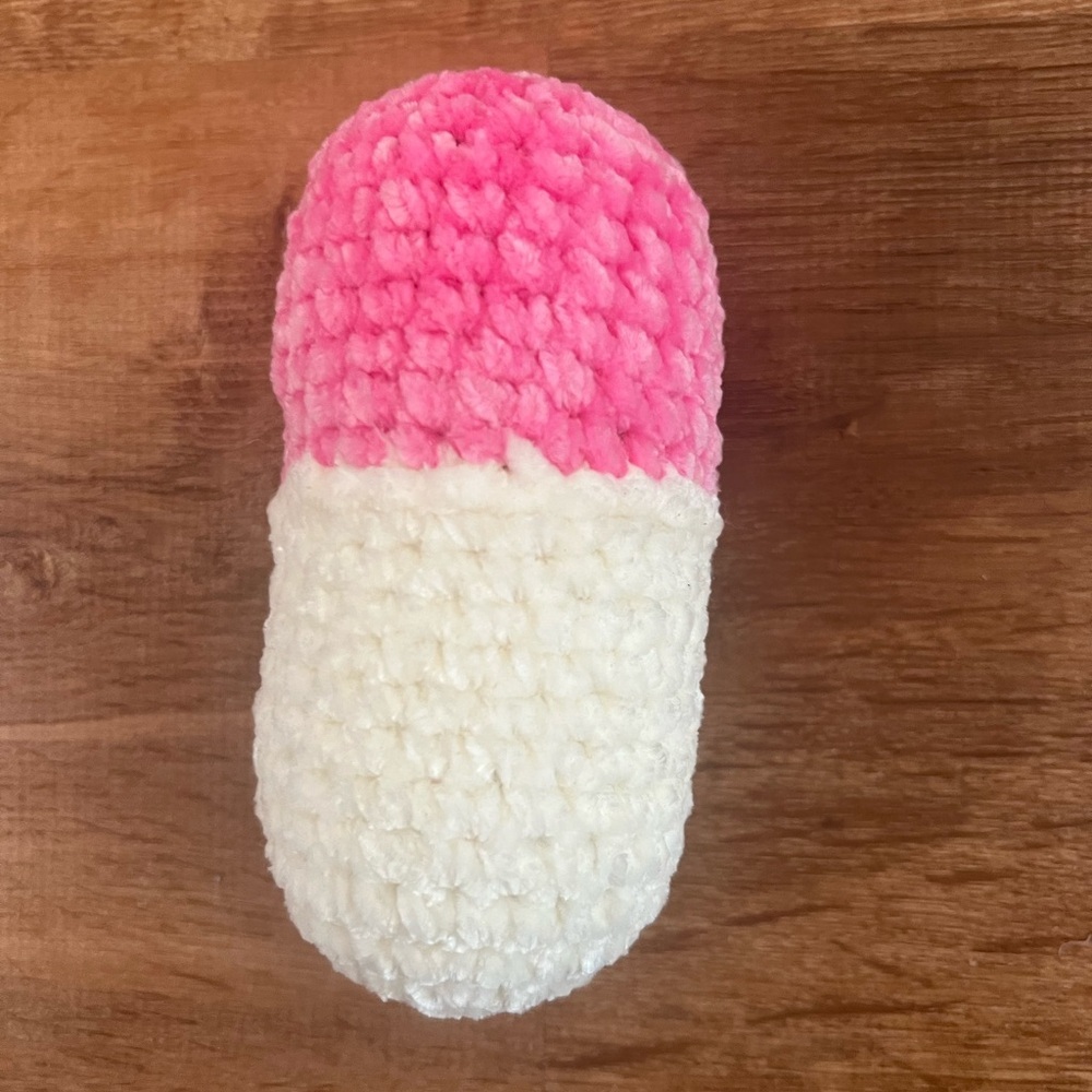 Hand Crafted Crochet Chill Pill Pink White Plush Super Soft Emotional Support - Picture 3 of 7